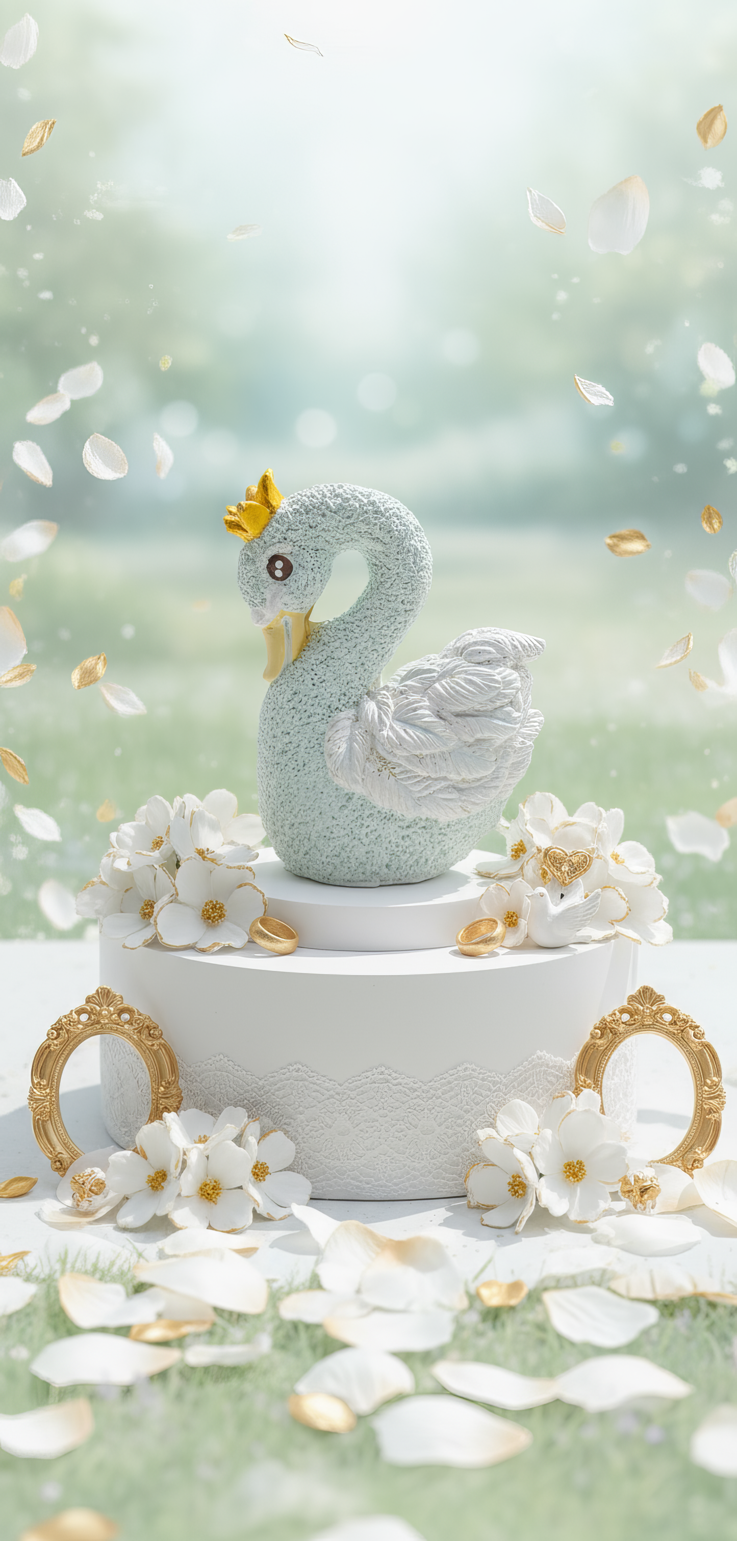 Mărturie nuntă — Figurină decorativă lebădă  cu coroană aurie, handmade