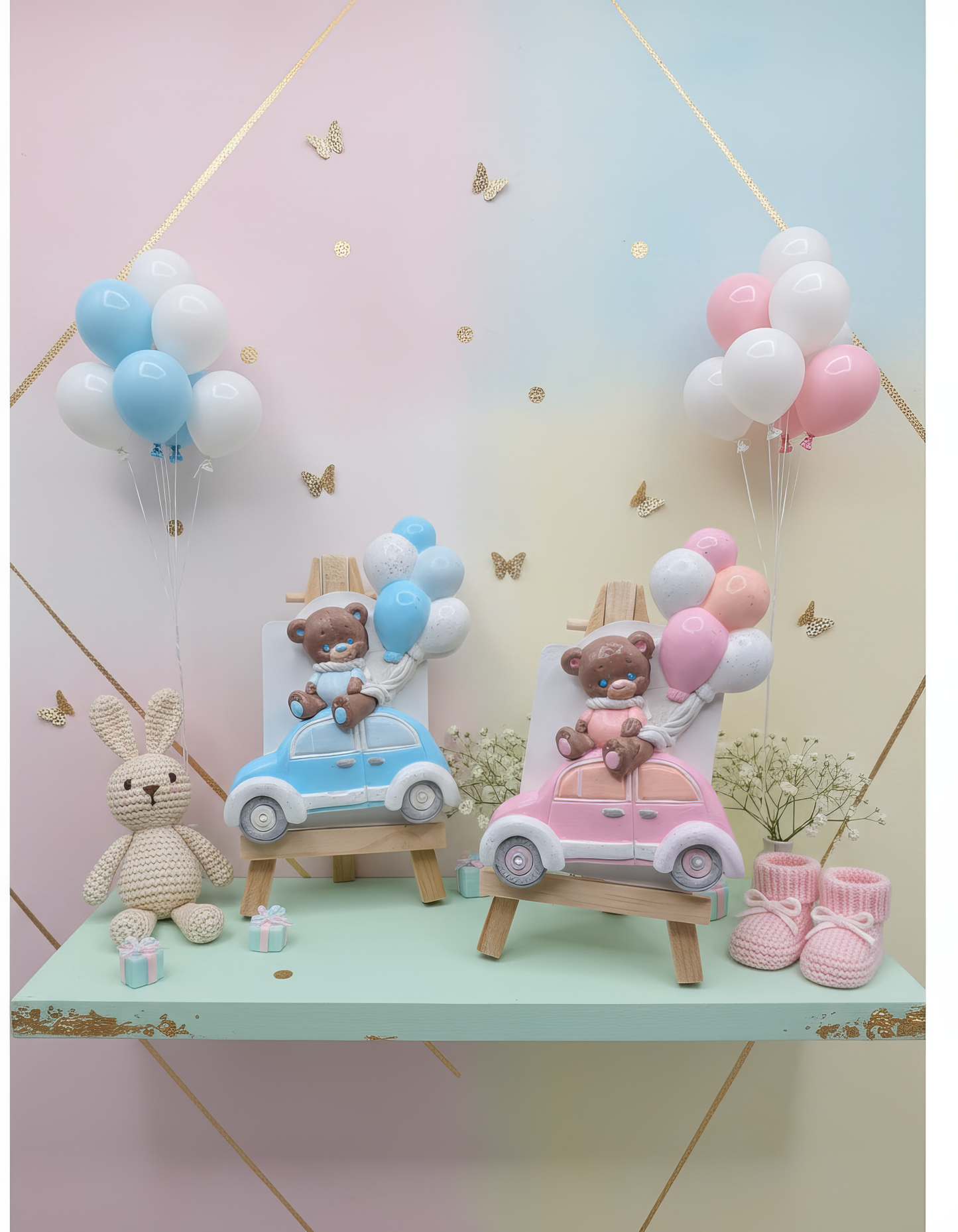 Ursuleț cu baloane în mașinuță colorată - magnet ceramic handmade, ambalaj cadou inclusă