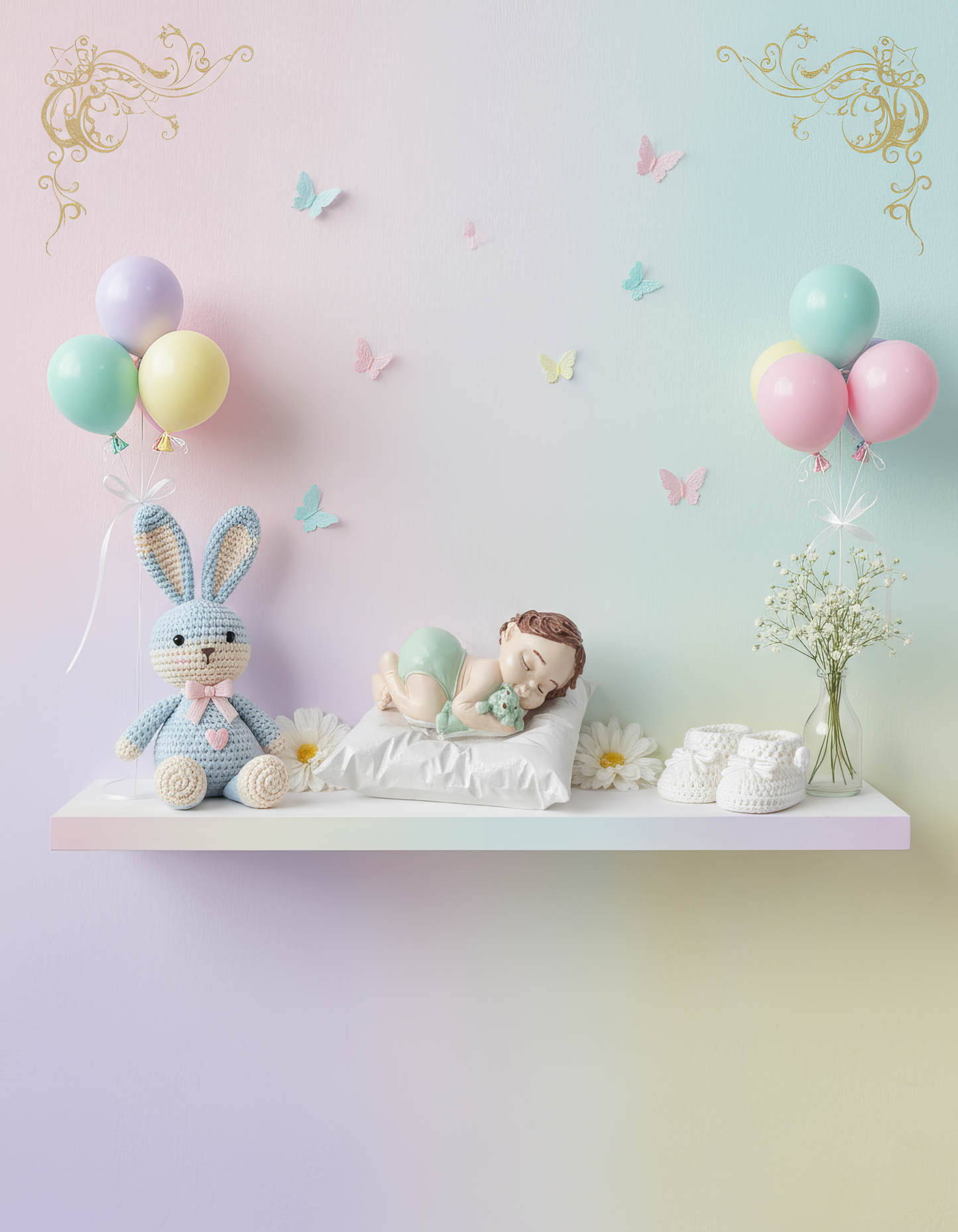 Bebe adormită pe pernă cu ursuleț - figurină ceramică handmade, cutiuță inclusă