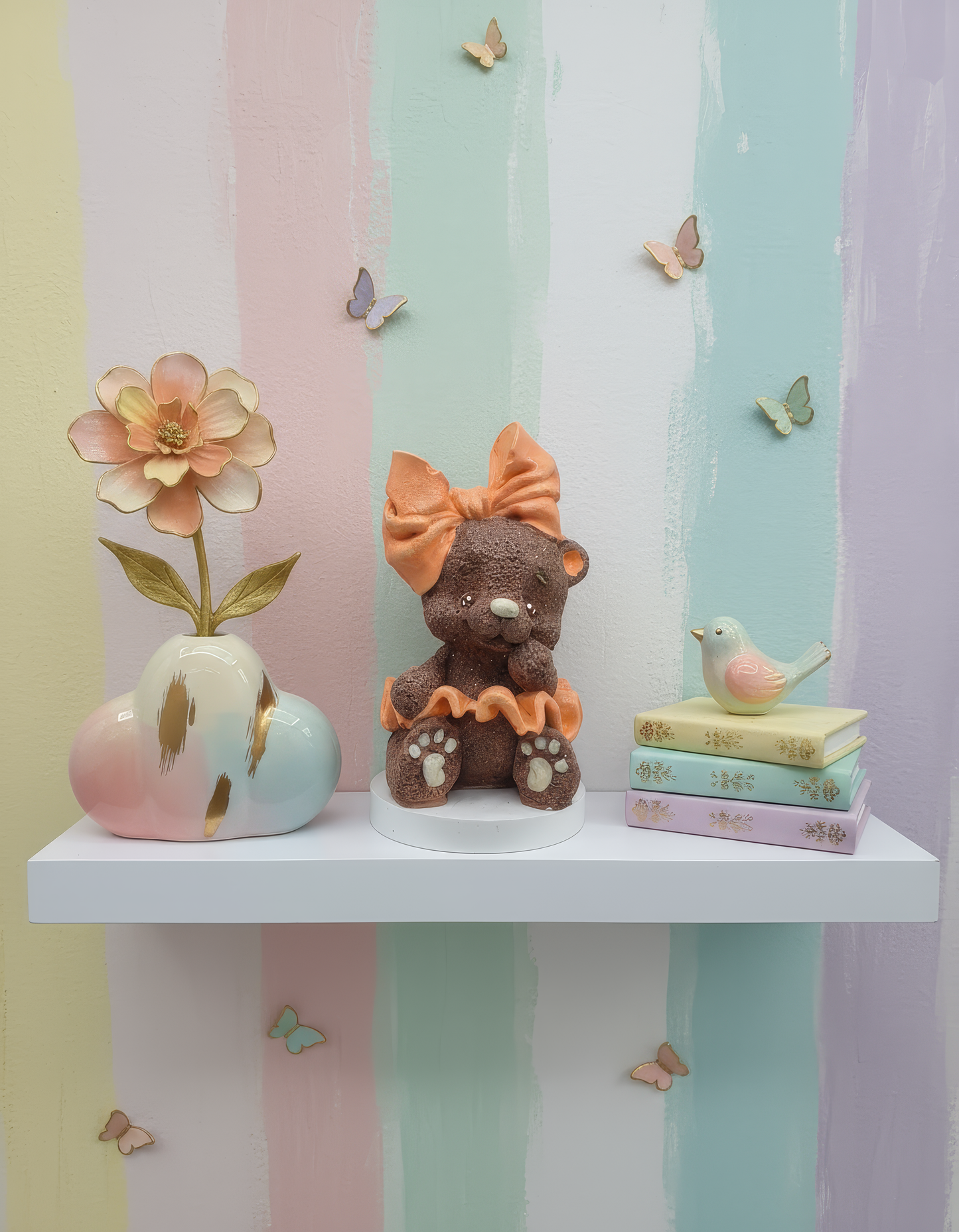 Ursuleț cu fundiță portocalie - ceramică handmade, cutiuță cadou inclusă