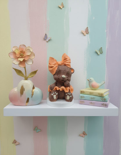 Ursuleț cu fundiță portocalie - ceramică handmade, cutiuță cadou inclusă