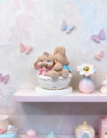 Iepurași în coș pentru gemeni sau frățiori - mărturie ceramică handmade, cutiuță inclusă