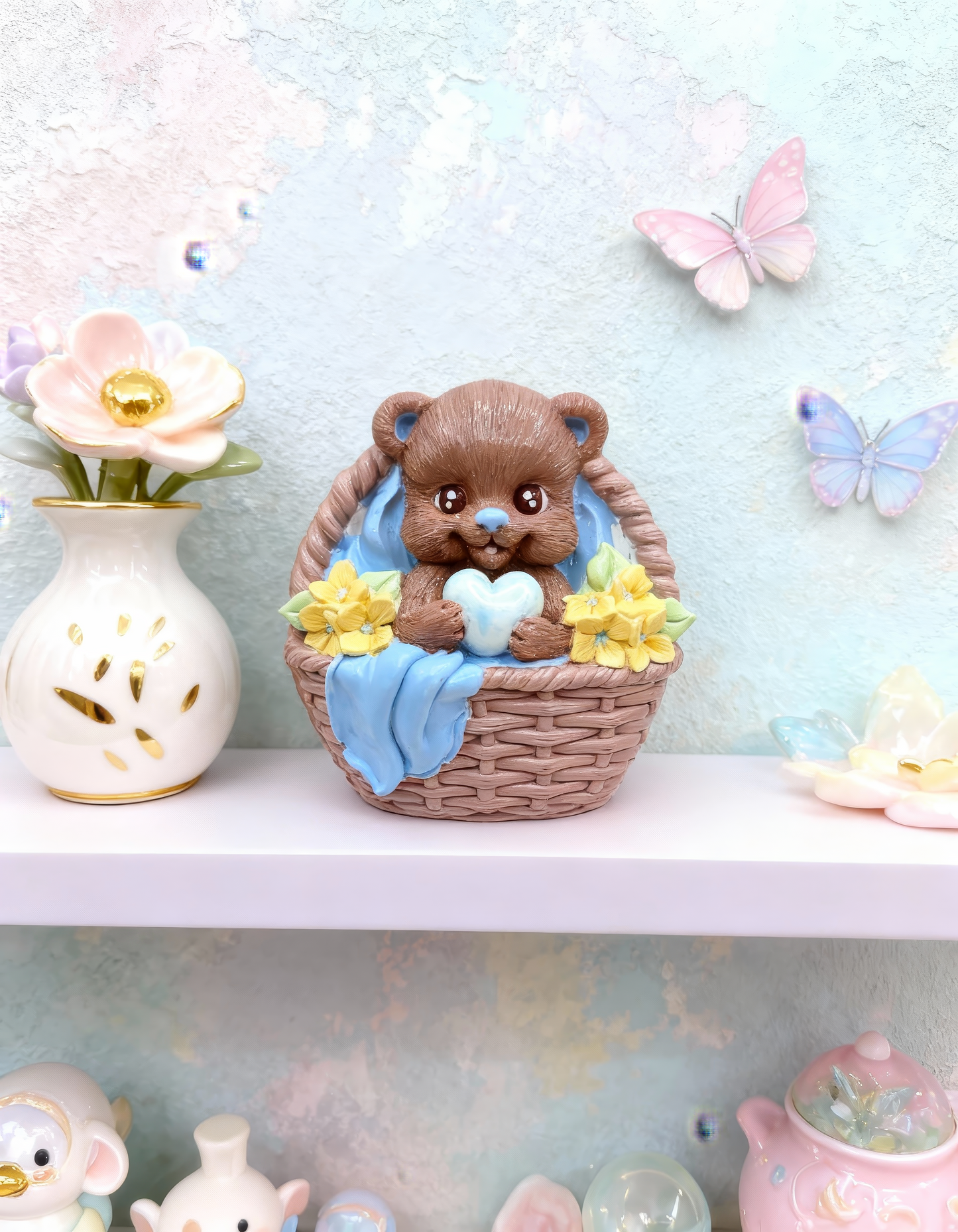 Ursuleț în coș cu inimioară - figurină decorativă și magnet  handmade, cutiuță inclusă