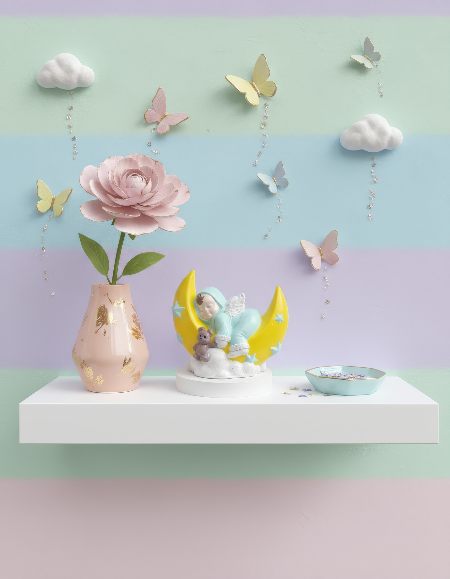 Îngeraș adormit pe lună cu ursuleț - figurină ceramică handmade, cutiuță inclusă