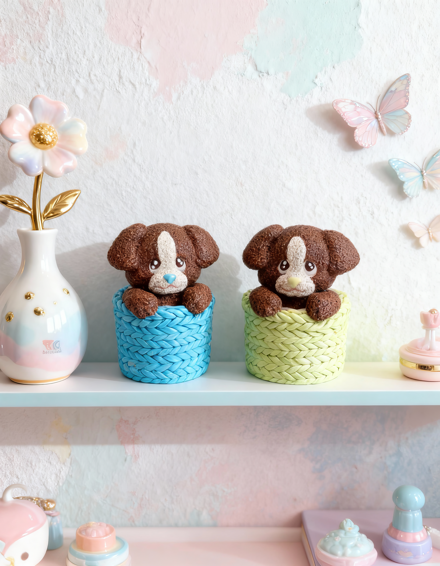 Cățeluș în coș texturat albastru - mărturie ceramică handmade, cutiuță inclusă