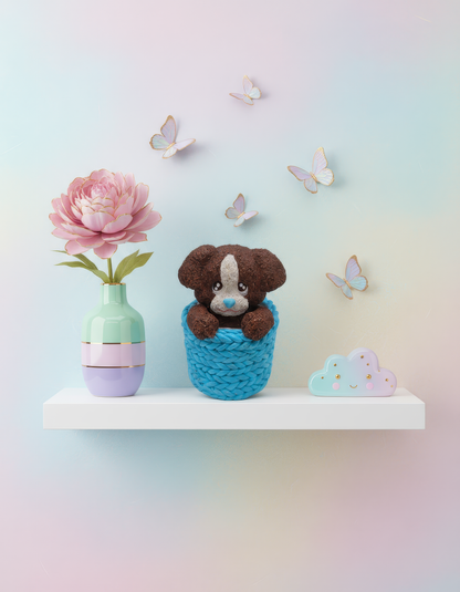 Cățeluș în coș texturat albastru - mărturie ceramică handmade, cutiuță inclusă