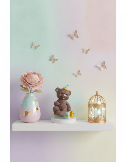 Ursuleț ceramic cu cadou și pălărie party - mărturie handmade, cutiuță inclusă