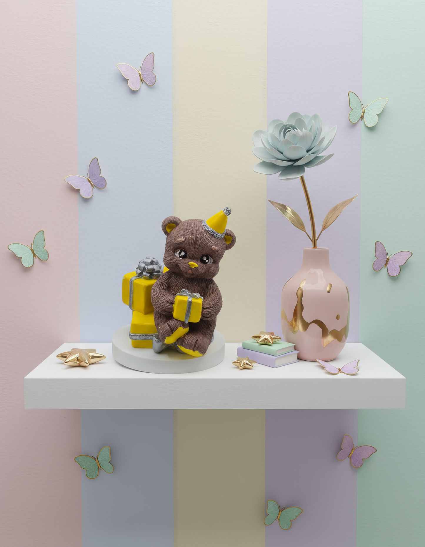 Ursuleț party cu cadou galben - mărturie ceramică handmade, cutiuță inclusă