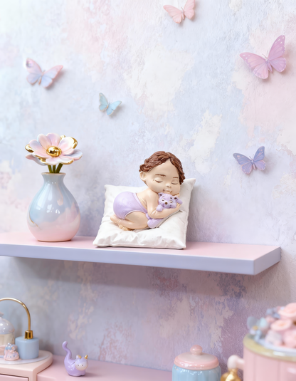 Bebe adormită pe pernă cu ursuleț - figurină ceramică handmade, cutiuță inclusă
