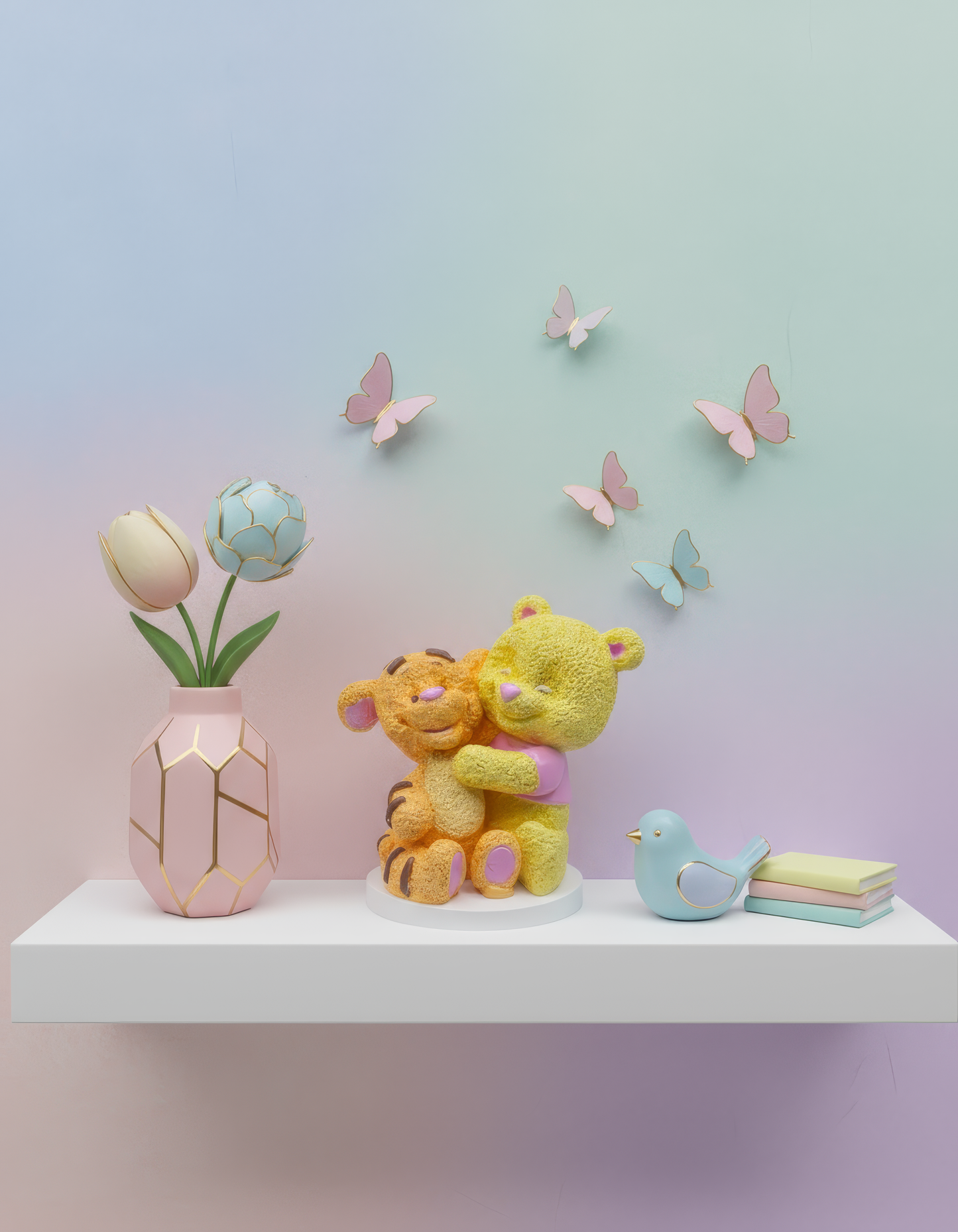 Figurină ursuleț și tigru în îmbrățișare - ceramică handmade, cutiuță cadou inclusă