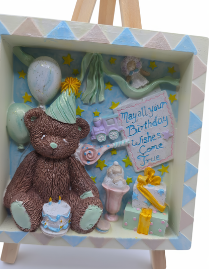 Tablou decorativ ursuleț cu baloane pastel - ceramică handmade, cadou aniversar